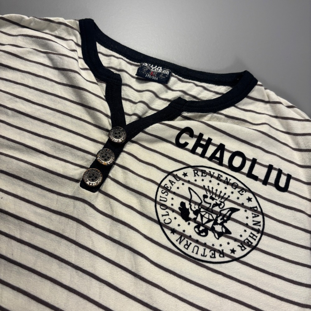 CHAO LIU Revenge‎ Panther Striped T-Shirt Button Up Short Sleeve Mens